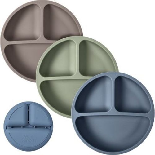 WeeSprout Silicone Plates for Babies & Toddlers 100% Food-Grade Dishes - No Lids, 3 Pack (Matte Dark Grey Blue Green)