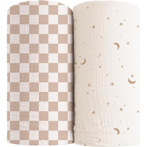 Konssy Muslin Swaddle Blankets for Girls Boys, 2 Pack Receiving Baby Blanket Large 47 x 47 inches, Soft Breathable Swaddling Wrap for Unisex Newborn (Coffee Check,Moon)