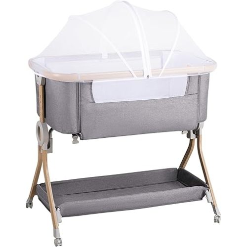 Larex Baby Bassinet Bedside Sleeper Crib Co Sleeper for Newborn Infant Toddler with Mosquito Net, Storage Bag & Basket, 5-Height Adjustable, Movable Wheels, Breathable Mattress & Mesh(Dark Gray)
