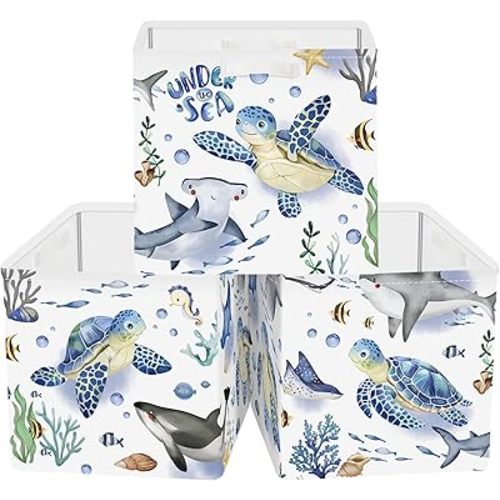 HUUMONSS 11.8" Marine Animals Cube Storage Organizer Set 3Pcs Ocean Sharks Turtles Cube Storage Bin for Bathroom/Bedroom Kid Book Toy Chest, Seaweed