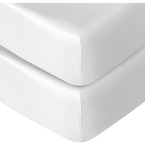 NTBAY 2 Pack Silk Satin Fitted Crib Sheet, Super Soft and Silky 28x52 Crib Sheet for Standard Crib and Toddler Mattresses, Boys, Girls, Unisex, White, 28x52 Inches