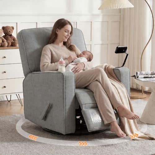 360° Swivel Rocker Recliner Chair with Adjustable Footrest, Rocking Chair Nursery with Phone Stand & Cup Holder,Manual Nursing Chair Glider Recliner Armchair for Adults, Living Room (Grey)