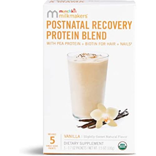 Munchkin® Milkmakers® Postnatal Recovery Protein Powder with Pea Protein, Lactation and Biotin for Postpartum Support, Vanilla, White,5 Count (Pack of 1)