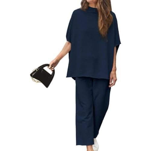 Women's Two Piece Outfits 3/4 Batwing Sleeve Capelet Crew Neck Pullover Top Wide Leg Pants Lounge Set