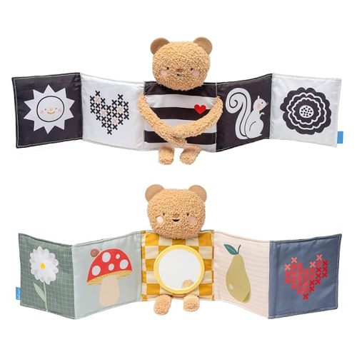 Taf Toys Double-Sided Sensory Montessori Baby Book for Newborns - Soft Plush Bear Tummy Time Toy- High Contrast Black & White/Newborn Toys 0-3/0-6 Months - Baby Mirror - Perfect