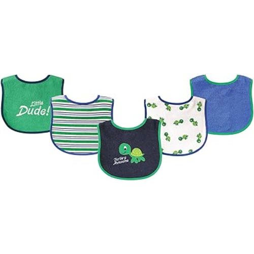 Luvable Friends Unisex Baby Cotton Terry Drooler Bibs with PEVA Back, Turtle, One Size