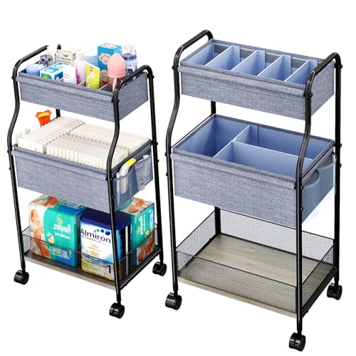 3-Tier Baby Diaper Caddy Organizer and Storage Cart with 4+2 Dividers, Mobile Metal Utility Cart with Rolling Wheels for Nursery Essentials, Large Capacity Rolling Carts for Crib, Bedroom, Bathroom