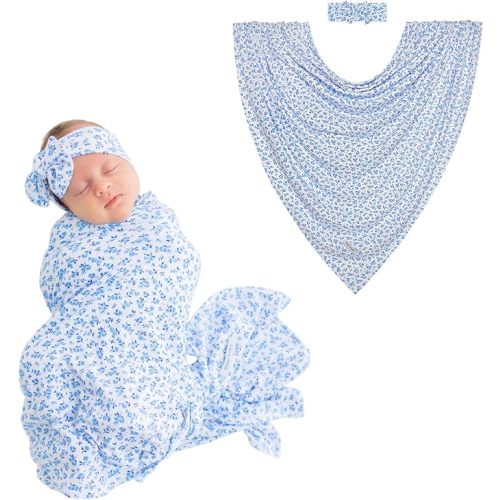 Posh Peanut Swaddle Blanket & Headband Set – Viscose from Bamboo Stretchy Baby Swaddle for Newborn Girls, Receiving Blanket or Nursing Cover