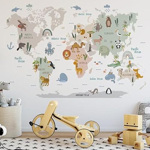 Animal World Map Wall Stickers Cartoon Lion Bear Travel Wall Decals Baby Kids Bedroom Nursery Toddler Room Wall Sticker Decor