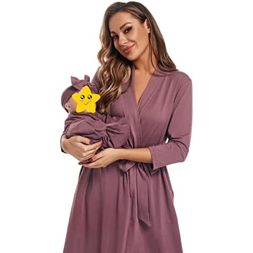Maternity Robe with Matching Swaddle Blanket Set, Maternity Mommy Bathrobe Postpartum Robe Labor Gown