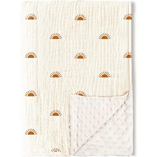 Konssy Baby Blankets for Unisex Boys Girls, Super Soft Nursery Minky Blankets with Muslin Cotton Front and Dotted Fleece Backing, Printed Bed Throws Newborn