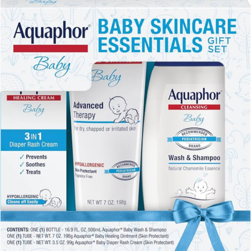 Aquaphor Baby Skin Care Essentials Gift Set with Baby Wash and Shampoo (16.9 Fl Oz) + Healing Ointment for Chapped Skin and Drool Rash (7Oz) + Diaper Rash Cream (3.5Oz), Hypoallergenic