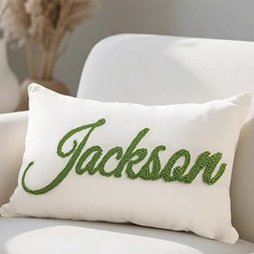 Personalized Embroidered Name Lumbar Pillow，Custom Monogram Throw Accent Handmade Pillows Cover，Customizable 12x20 Decorative Couch Bed Room Pillow Case Gifts for Kids Boy Girls