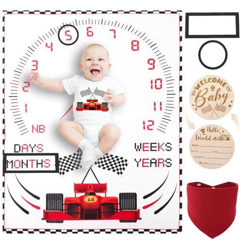 Racing Car Baby Monthly Milestone Blanket for Boys Flannel Blanket Newborn Infant Swaddle Baby Growth Blanket Photography Background with Wooden Signs,Frames,Bib
