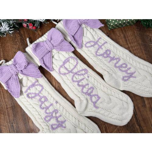 Purple Bow baby Christmas Stocking,Hand-Embroidered Holiday Stocking,baby stocking,girl stocking,pink christmas stocking,cute stocking