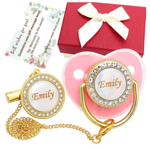 Personalized Pacifier Set with Name, BPA Free, Bling Gold Silver Pink Rose Gold Luxurious Ideal Gift for Newborns (Rose Gold)