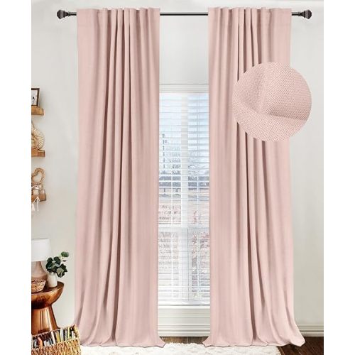 100% Blackout Shield Linen Blackout Curtains for Bedroom 96 Inches Long, Back Tab/Rod Pocket Living Room Drapes, Thermal Insulated Blackout Curtains 2 Panels Set, 50" W x 96" L, Blush Pink
