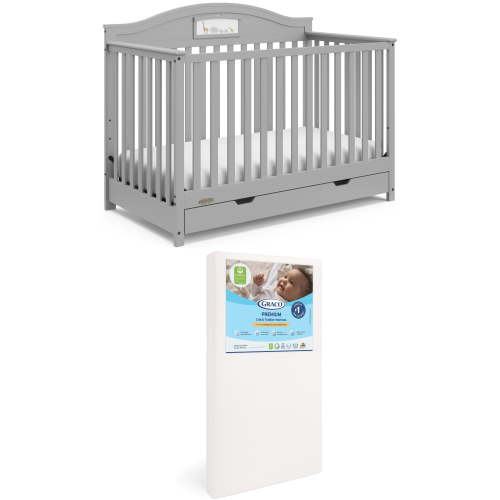 Graco Story Customizable 5-in-1 Convertible Crib with Drawer and Premium Crib & Toddler Mattress Bundle, Pebble Gray
