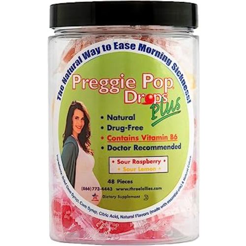 Preggie Pop Drops Plus Fortified with Vitamin B6 - Morning Sickness Relief Fortified with Vitamin B6. Preggie Pops for Relief for Pregnant Women Candy Drops. Sour Raspberry & Sour Lemon 48 Count