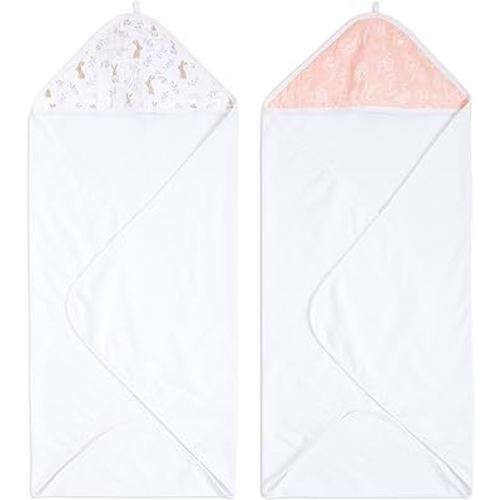 aden + anais Essentials Hooded Baby Bath Towel, Super Soft 100% Cotton, 2 Pack, Blushing Bunnies