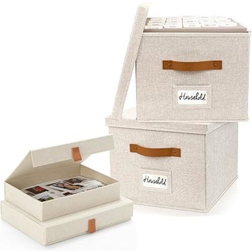 ZICOTO Decorative File Organizer Box Set of 2 and Photo Storage Boxes with Lids Bundle