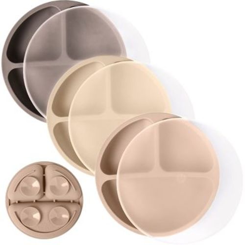 WeeSprout Suction Plates for Babies & Toddlers 100% Silicone Divided Design - With Lids, 3 Pack (Matte Dark Grey, Off White & Tan)