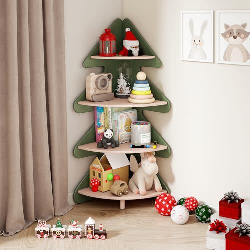 GITAWUSA Tree Bookshelf for Kids, 4-Tier Montessori Corner Bookcase, Space-Saving Freestanding Storage Organizer for Books & Toys, Suitable for Kids Room, Playroom, Classroom, Nursery