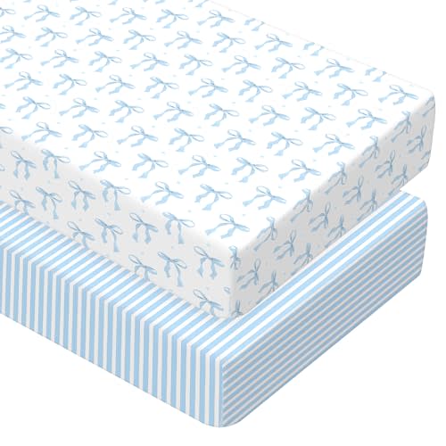 Peryiter 2 Pack Crib Sheets for Girls Boys Coquette Bed Sheet Set Fitted 52'' x 28" for Standard Crib Mattress Stretchable Soft Toddler Aesthetic Nursery Decor(Bow,Blue)