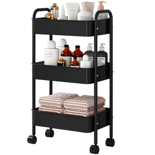 XIUSHE 3-Tier Metal Utility Cart Rolling Storage Organizer, Portable and Sturdy, with Wheels, Ideal for Office, Kitchen, Bathroom, Classroom, and More, Black