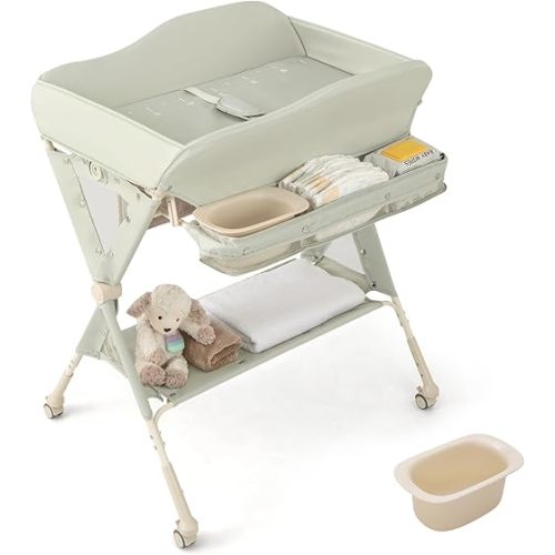 BABY JOY Portable Baby Changing Table, Foldable Diaper Changing Station w/Wheels, Adjustable Height, Large Storage Rack, Water Basin, Safety Belt, Mobile Nursery Organizer for Newborn Infant (Green)