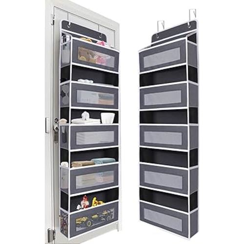 Over The Door Organizer 44LB Capacity with 5 Large Pockets & 10 Mesh Side Pockets, Clear Window Anti-Tilt Hanging Storage for Nursery, Bathroom, Pantry - Dark Grey, 1 Pack