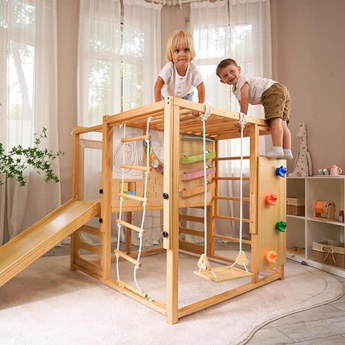 Avenlur Indoor Playground Montessori Gym – Alpine Indoor Wooden Jungle Gym – Indoor Swing, Toddler Toys, Baby Climbing Toys, & Rock Wall for Kids – Perfect for Active Fun & Skill Development, Ages 2-8