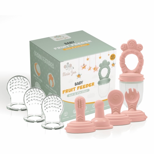 Minie Joo Baby Food Feeder and Teether Set, 7-in-1 Silicone Self-Feeding and Teething Toy, Pink