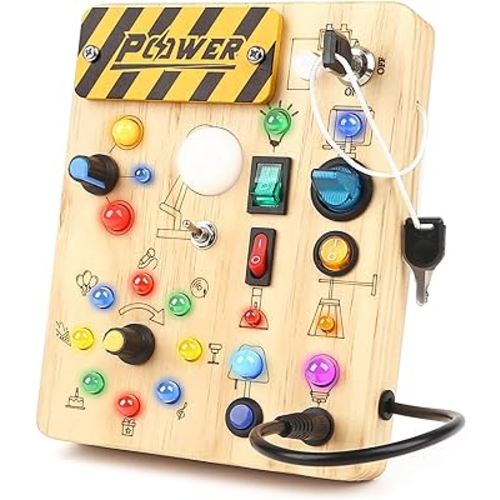 Joyreal Montessori Busy Board Wooden Sensory Toys for Toddler with LED Light Up Switch, Baby Fidget Board Travel Toys for 18+ Months, Boys Girls Birthday
