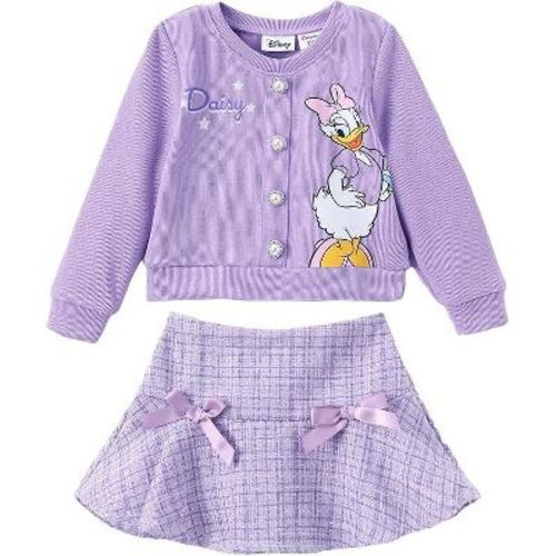 Disney Mickey Mouse & Friends Kids Girl Pearl Button Top and Bottom Sets Knit Top & Tweed Skirt 3T Purple 2 PCS