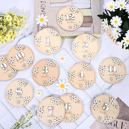 Whaline 12Pcs Baby Monthly Milestone Cards 3D Daisy Wooden Marker Discs Rustic Baby Month Announcement Sign for Baby Pregnancy Growth Photo Prop, 3.9 x 3.9 Inch