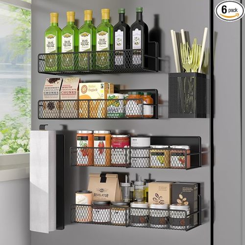 Magnetic Spice Rack for Refrigerator, 6 Pack Metal Magnetic Shelf Black, Moveable Spice Organizer, Strong Magnetic Storage Fridge Organizer with Paper Towel Holder, Utensils Holder