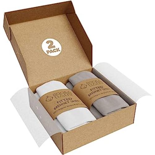 Bassinet Sheet - Organic Jersey Knit Cotton - White & Grey - 2 Pack (33 x 20)
