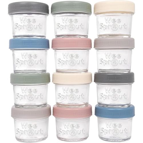 WeeSprout Glass Baby Food Storage Jars w/Lids (4 oz, 12 Pack Set) Snack, Puree, Reusable Small Containers, Breast Milk, Fridge or Freezer, Microwave & Dishwasher Safe, Essential Must Have for Infants