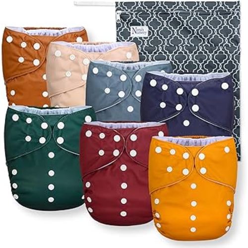 Nora's Nursery Large Pocket Cloth Diaper 7 Pack for Toddlers 35 to 55lbs with 1 Wet Bag - Waterproof Cover, Washable, Reusable & One Size Adjustable - Pacific Neutrals