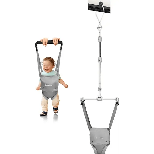 Cowiewie 2 in 1 Baby Door Jumper w/Baby Walking Harness Function, Baby Jumper with Door Clamp Adjustable Strap and Seat, Gray