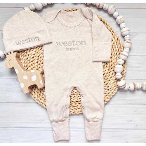 Personalized Baby Boy Take Home Outfit Newborn Romper Optional Hat  Neutral Embroidered Monogrammed Clothing Baby Shower Gift