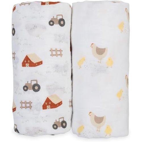 Lulujo Baby Swaddle Blankets | Unisex Softest Breathable Cotton Muslin Swaddle Blanket Set | Neutral Receiving Blanket for Girls & Boys | 40in x 40in | Barn Yard & Rooster | 2-Count