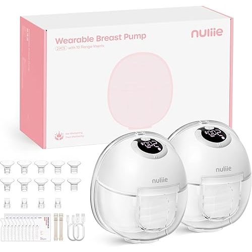 Nuliie S32 Wearable Breast Pump Hands-Free, More Private Electric Pump, 4 Modes 9 Suction Levels, 24mm Flange with 13/15/17/19/21mm Inserts, Easy Clean & Anti-Leak Design (2 Packs, White)