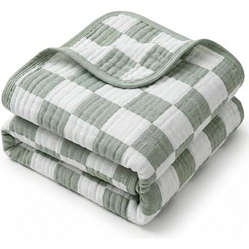 6-Layer Muslin Toddler Blanket - Made with Organic Cotton, Large 50x60 Crib Quilt & Bedding for Kids & Moms (Sage Green Checkered)