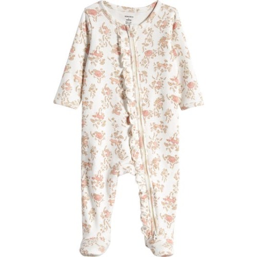 Floral Ruffle Zip-Up Cotton Footie, Newborn