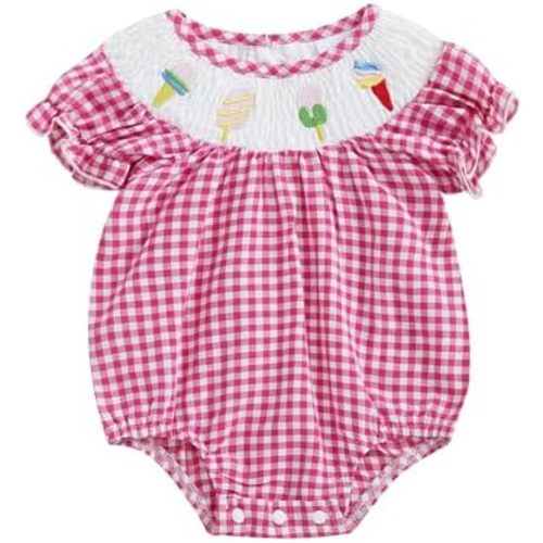 FIOMVA Toddler Baby Girl Clothes Summer Smocked Romper Bow Embroidery Bubble Onesie Short Sleeve Cute Bodysuit Outfits