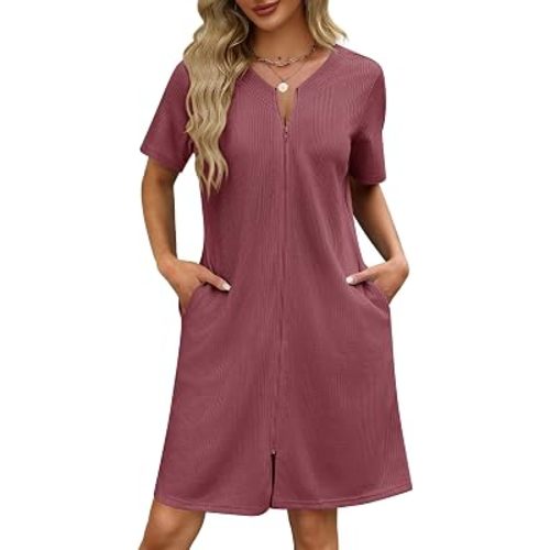 Ekouaer Women Zipper Robe Waffle Bathrobe Short House Coat with Pockets