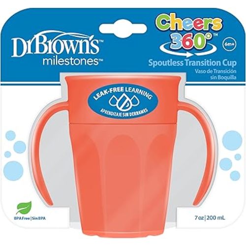 Dr Brown's Milestones Cheers 360 Cup Spoutless Transition Cup with Handles for Easy Grip and Leak-Free Learning, 7 oz/200 mL, 6m+