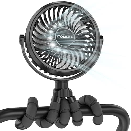 COMLIFE Baby Stroller Fan With Light, Rechargeable Battery Operated, Max 10Hrs Cooling, 3 Speeds, 360° Rotate USB Desk Fan, Flexible Tripod Clip On Fan for Stroller Car Seat Crib Treadmill Golf Cart